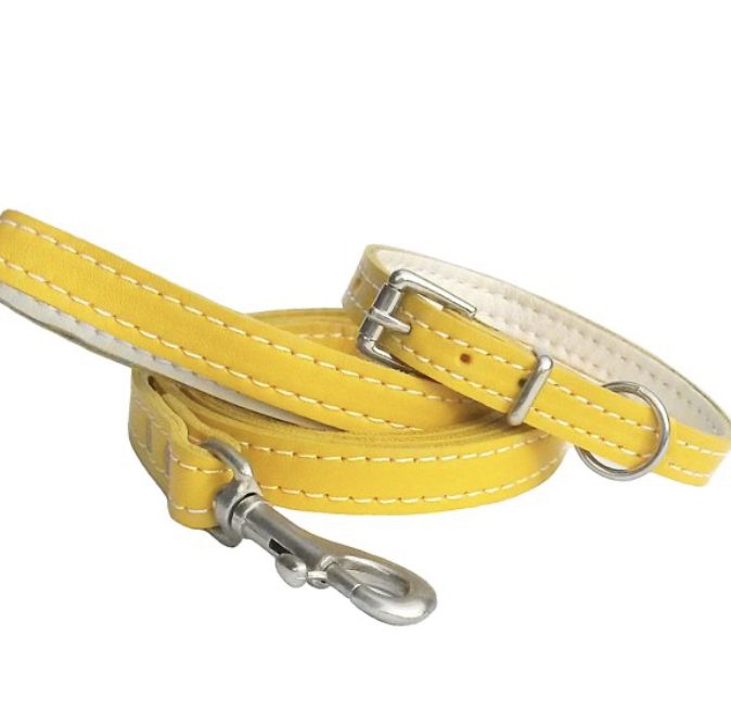Leather collar and lead Yellow