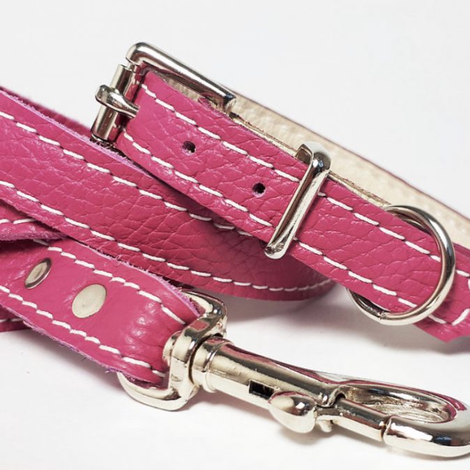 Leather collar and lead Pink