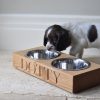 Handmode Oak Double Wooden Dog Bowls With Stainless Steel Bowls